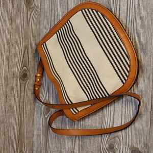 Fossil cream fabric striped with tan leather trim crossbody bag